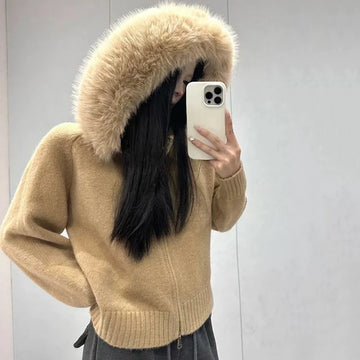 Korean Fur Collar Cardigan Jacket Women New Zipper Up Long Sleeve Knitted Cardigans Woman Chic Warm Hooded Sweater Coat Female