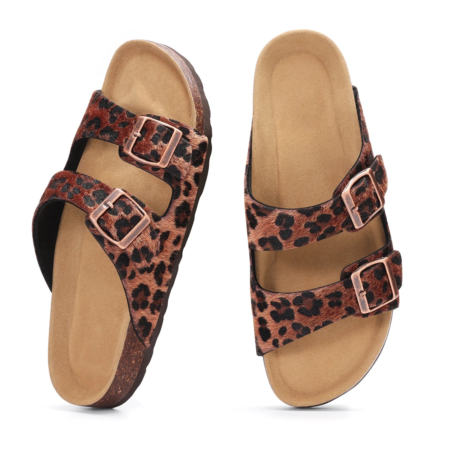 Eyriphy New Women Open Toe Leopard Slides With Adjustable Buckle Classic Flat Sandals Casual Cork Footbed Women's Slippers
