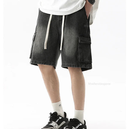 Pantaloncini di jeans alla moda retrò estivi per uomo Jeans corti multitasche larghi con gamba dritta con elastico in vita e coulisse da uomo