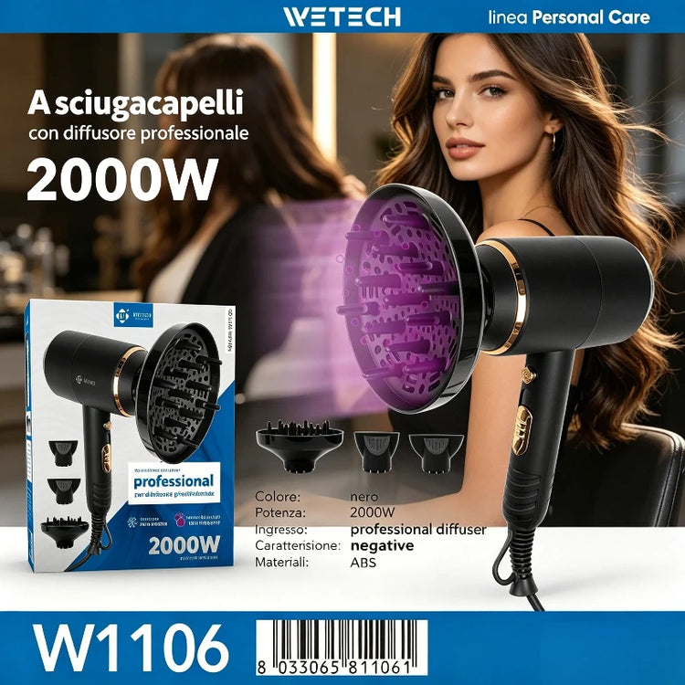 2000W Professional Negative Ionic Hair Dryer Hot Cold Air Adjustable Temperature Blow Dryer Salon Home Use With Nozzle/Diffuser Fast Drying