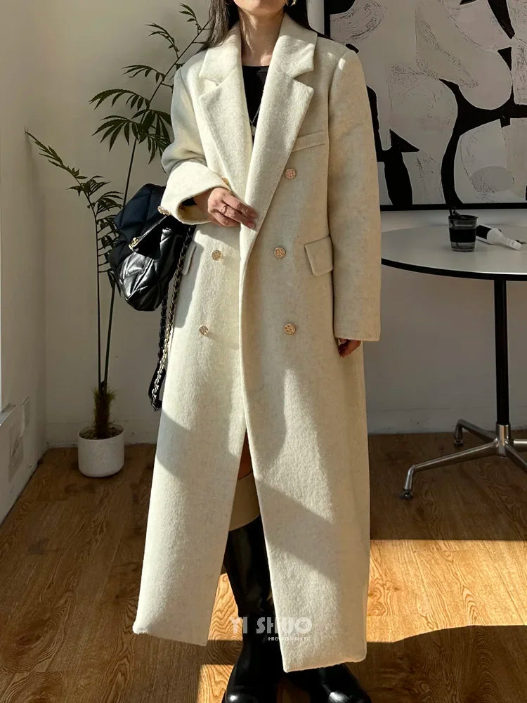 High-end Thick Double-sided Wool Coat Female Fashion Long  Autumn Winter Lapel Double Breasted Wool Coat Women Loose Outerwear