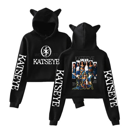 Harajuku Fashion Streetwear Girls Hoodie KATSEYE New Street Style Cat Ear Crop Tops Pullover Girl Vintage Gothic Y2k Sweatshirts