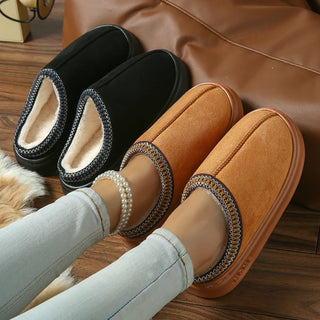 Men's High-End New Solid Color Faux Suede Patchwork Couple's Home Slippers, Thick-Soled, Non-Slip, Lightweight, Warm Cotton Slippers for Women