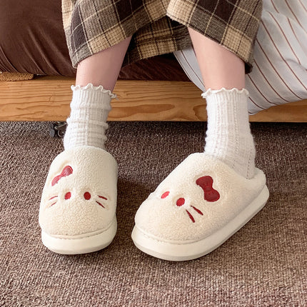 Cute Cat Winter Warm Slippers Women Men Fluffy Plush Home Shoes Red Bowknot Plaid Lining Indoor Bedroom Cotton Slides Mules New