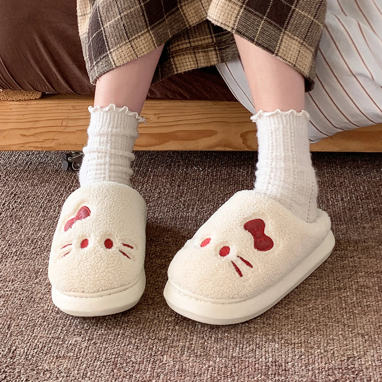 Cute Cat Winter Warm Slippers Women Men Fluffy Plush Home Shoes Red Bowknot Plaid Lining Indoor Bedroom Cotton Slides Mules New