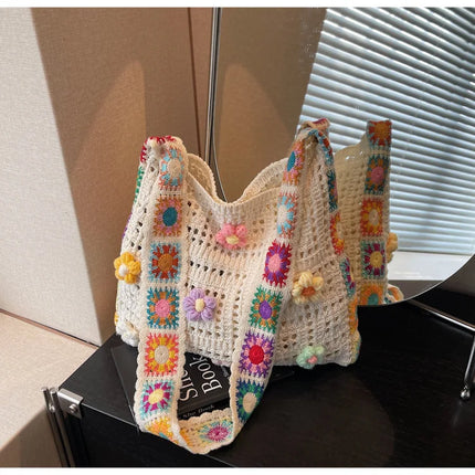 Borsa tote da donna in stile boho con motivo floreale all'uncinetto, borsa a tracolla in maglia intrecciata di grande capacità, borsa da spiaggia estiva per ragazze