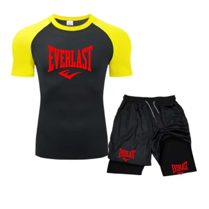 EVERLAST Camicia da Compressione da Uomo + Pantaloncini Sportivi 2 in 1 Set da 2 Pezzi per Il Tempo Libero Respiro Manica Corta Sport Jogging Palestra Marchio di Abbigliamento Stampa platinumshop