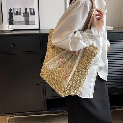 Large Capacity Summer Tote Bag, Women's Hand-Woven Shoulder Bag, Fresh Rural Style