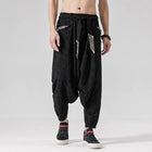 Pantaloni a gamba larga da uomo in cotone e lino casual oversize Harajuku pantaloni alla moda da uomo samurai giapponese retrò Ukiyo-e stampa pantaloni con cintura da uomo