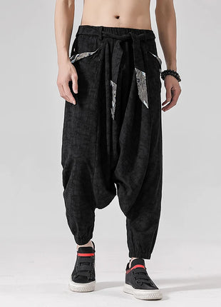 Pantaloni a gamba larga da uomo in cotone e lino casual oversize Harajuku pantaloni alla moda da uomo samurai giapponese retrò Ukiyo-e stampa pantaloni con cintura da uomo