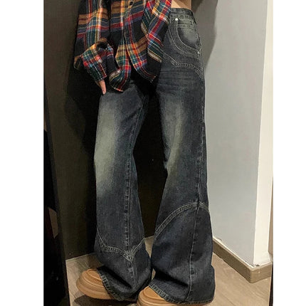 Y2K Spicy Girl Dark Series Jeans a gamba larga da donna New High Street Splicing Pantaloni svasati dimagranti a vita alta larghi