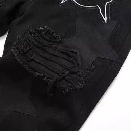 Autumn And Winter Retro Black Ripped Jeans Men'S Straight Leg Pants Pentagram Patch Casual Jeans Pants PlatiNum