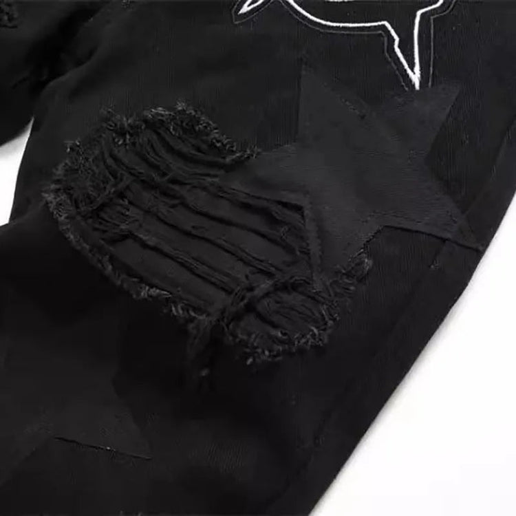 Autumn And Winter Retro Black Ripped Jeans Men'S Straight Leg Pants Pentagram Patch Casual Jeans Pants PlatiNum