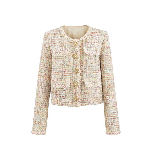 Women Tweed Jacket Elegant Buttons Up Cardigan Coat Female Long Sleeve Tassel Office Outerwear Autumn Winter Chic Overcoat