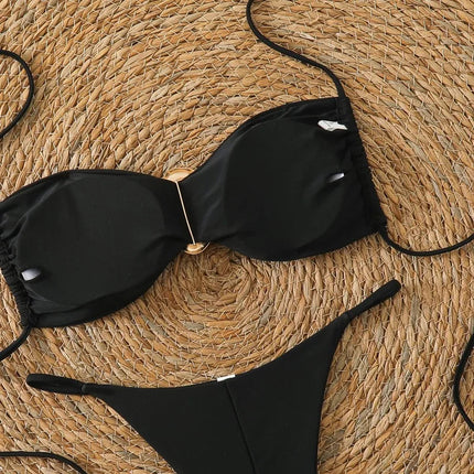 Costume da Bagno da Spiaggia alla Moda, Set Bikini a Perizoma per Donna, Sexy Costume da Bagno a Triangolo con Lacci, Due Pezzi, Stile Brasiliano, Tinta Unita platinumshop