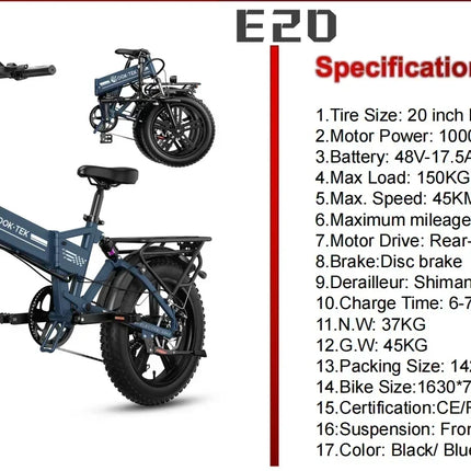 Bicicletta Elettrica Pieghevole E20 con Pneumatici Spessi 20 Pollici * 4.0, Motore 1000W, Batteria 48V 17.5AH, per Campeggio, Città e Tutti i Terreni