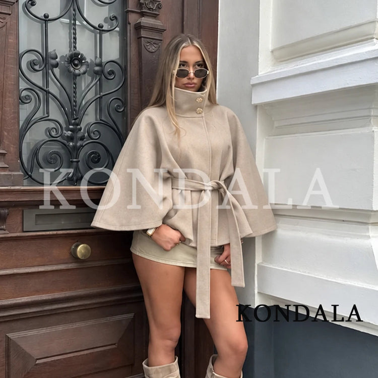 Women Fall Winter Elegant Blended Belt Coat Cape Style Stand-Collar Cloak Coat KONDALA 2026 Trendy Vintage Casual Chic Lady Coat