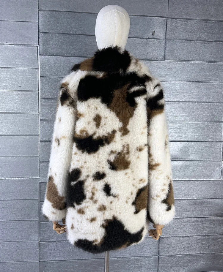ZADORIN 2026 Chic Mid Long Cow Pattern Fluffy Faux Fur Coat Woman Lapel Loose Winter Fur Coats Woman Furry Jacket Fur Faux Coat