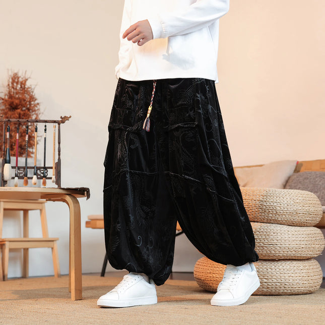 Pantaloni di velluto da uomo autunno inverno retrò drago stampa pantaloni larghi da uomo stile cinese pantaloni casual a gamba larga per uomo taglie forti 5XL