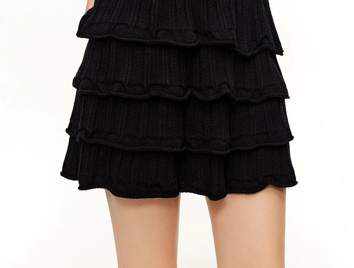 DUSHU Ruffled Knitted Skirt Spring Black Elastic Waist Cake Mini Skirt Ruched Ruffles Sweet Straight Leisure Korean Style PlatiNum
