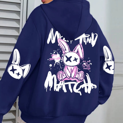 Mix And Match Cartoon Rabbit Prints Women Hoodie Pocket Streetwear Harajuku Loose Hoody All-Match Fleece Female Clothing