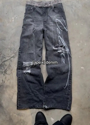 Jeans con orlo a stampa leopardata, stile casual americano anni 2000, a vita alta, gamba dritta e larga, abbigliamento femminile retrò Harajuku
