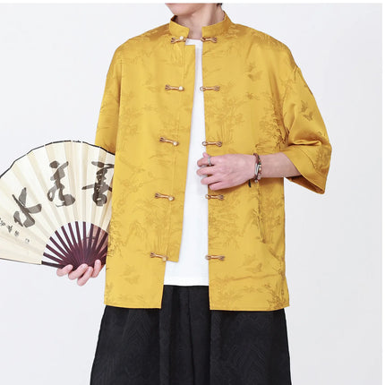 Camicie Estive da Uomo di Lusso in Jacquard Traspirante a Maniche Corte, Stile Cinese Tradizionale Kung Fu Tai Chi, Camicia Casual da Uomo