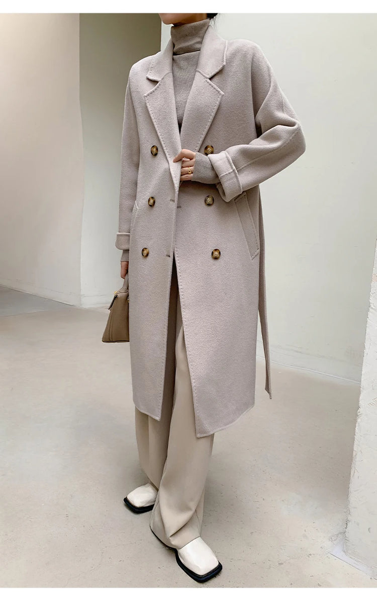Ladies' 100% Cashmere Thick Double-Sided Extended Coat, Classic, Versatile and Fashionable for Business and Leisure
