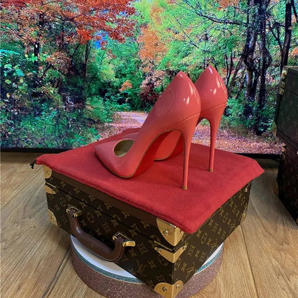 Tacchi altissimi personalizzati multicolori da 12 cm, pelle verniciata bianca nuda, suola rossa sexy, scarpe sottili a punta per ordine singolo platinumshop