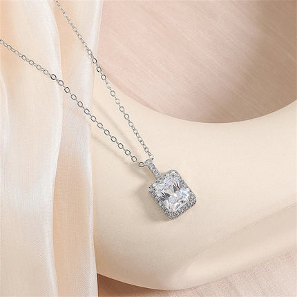 ZAKOL Simple Geometric Crystal White Zircon Pendant Necklace For Women Silver-Color Wedding Party Jewelry Gift With Box PlatiNum