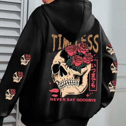 Plus Rose and Skull Pattern - Hoodie - Soft Casual Long Sleeve Pocket, Comfortable Women's Plus Size Daily Wear Clothing