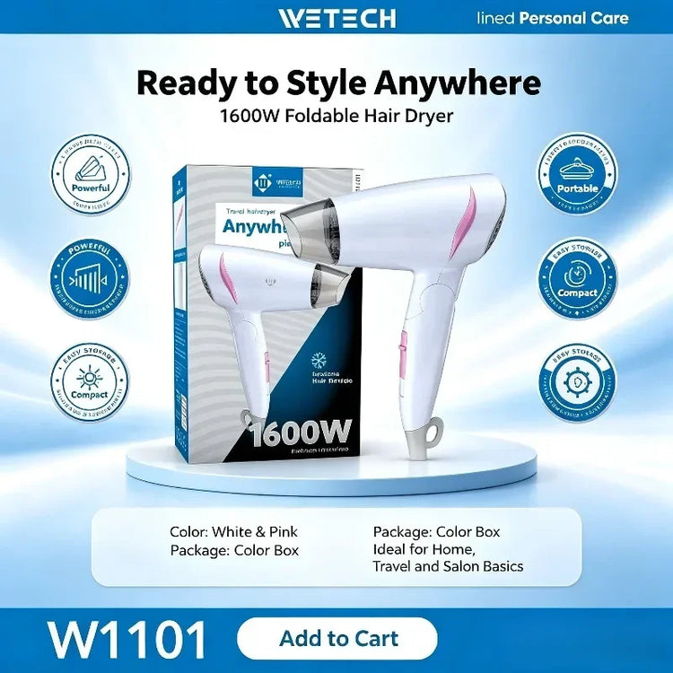 1600W Foldable Portable Hair Dryer, 100‑240V Dual‑Voltage Travel Blow Dryer with Cold Air Setting & Hanging Loop, Compact for Home and On‑the‑Go Hair Styling