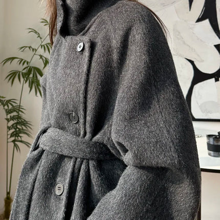 Korean Fashion Dark Gray Stand Collar 100%Wool Coat Women Long Winter Jacket