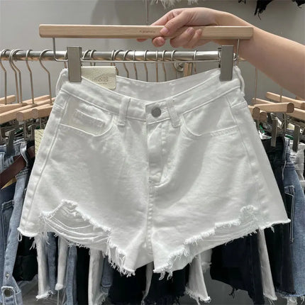Y2k Pantaloncini di jeans strappati da donna Nuova linea A ampia con bordi sfilacciati per pantaloni corti estivi Pantaloncini di jeans streetwear da donna neri