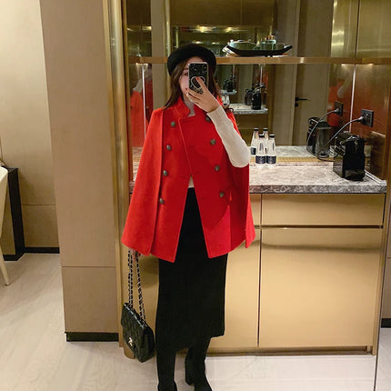 French Elegant Retro Hepburn Style Stand Collar Double-breasted Loose Temperament Commuter Woolen Jacket Cape Cloak Women Autumn