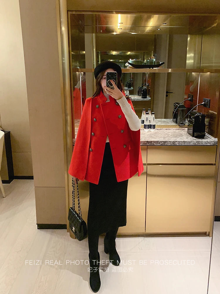French Elegant Retro Hepburn Style Stand Collar Double-breasted Loose Temperament Commuter Woolen Jacket Cape Cloak Women Autumn