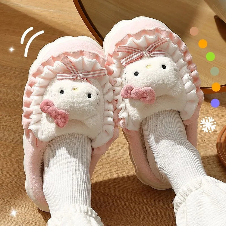 Women Cute Cartoon Plush Slippers Ruffled Lace Bow Warm Fuzzy Thick Non-Slip Sole Winter Indoor Bedroom Cozy House Shoes Girls