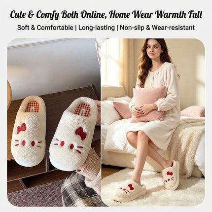 Cute Cat Winter Warm Slippers Women Men Fluffy Plush Home Shoes Red Bowknot Plaid Lining Indoor Bedroom Cotton Slides Mules New
