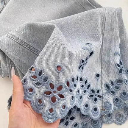Jeans eleganti di lusso con strass ricamati vuoti allentati Jeans estivi da donna a vita alta pantaloni in denim dritti Y2K Casual Streetwear