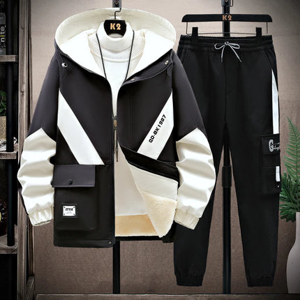 Winter Tracksuit Men Warm Sports Printed Thick Suit Mens Casual Hooded jacket+Pants Sweatsuit Male 2 Piece Sportswear