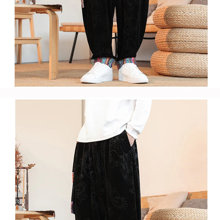 Pantaloni da uomo Kung Fu Tai Chi Pantaloni casual tradizionali da uomo stile cinese retrò allentato fiore scuro drago stampa pantaloni a gamba larga da uomo