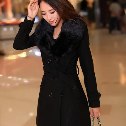 Mid Length Wool Coats Women Fur Collar Splice Blends Korean Full Sleeve Double Breasted Lace Up Belt Thick Warm Winter Jackets