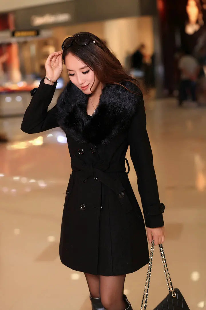 Mid Length Wool Coats Women Fur Collar Splice Blends Korean Full Sleeve Double Breasted Lace Up Belt Thick Warm Winter Jackets
