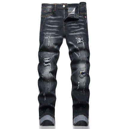 Fashion New Slim Stretch Ripped Jeans Men's Streetwear Paint Spots Denim Pants Hip Hop Punk Personality Hole Male Trousers PlatiNum