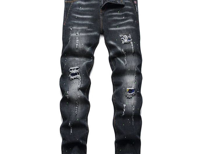 Fashion New Slim Stretch Ripped Jeans Men's Streetwear Paint Spots Denim Pants Hip Hop Punk Personality Hole Male Trousers PlatiNum