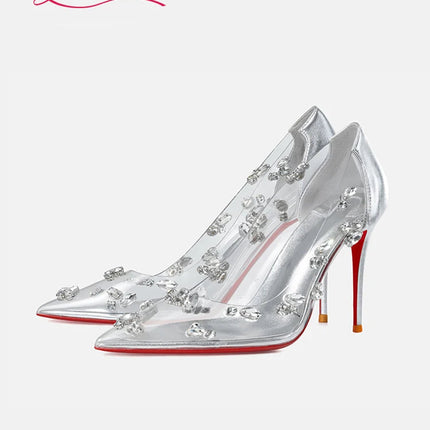 Red sole transparent pointed head sexy female stiletto high heels wedding shoes silver rhinestone crystal fairy style new 2024 PlatiNum