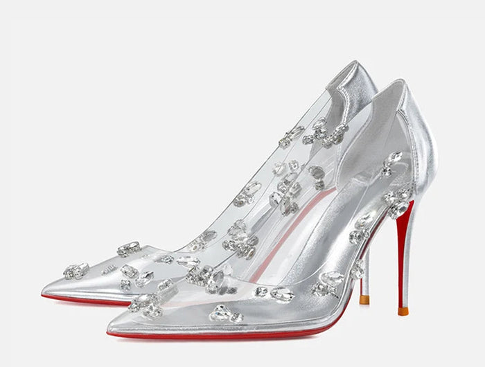 Red sole transparent pointed head sexy female stiletto high heels wedding shoes silver rhinestone crystal fairy style new 2024 PlatiNum