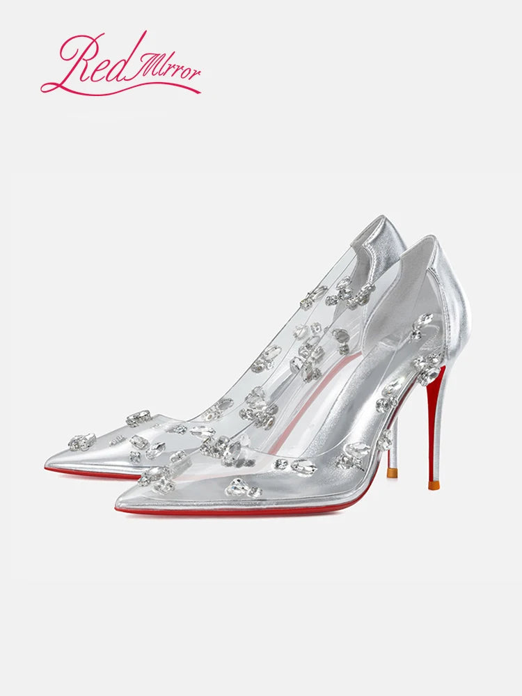 Red sole transparent pointed head sexy female stiletto high heels wedding shoes silver rhinestone crystal fairy style new 2024 PlatiNum