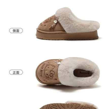 Women's Cute Cartoon Cat Plush Slippers Winter Warm Indoor Non-Slip Bow Embroidered Closed Toe Soft Fluffy House Shoes for Ladie