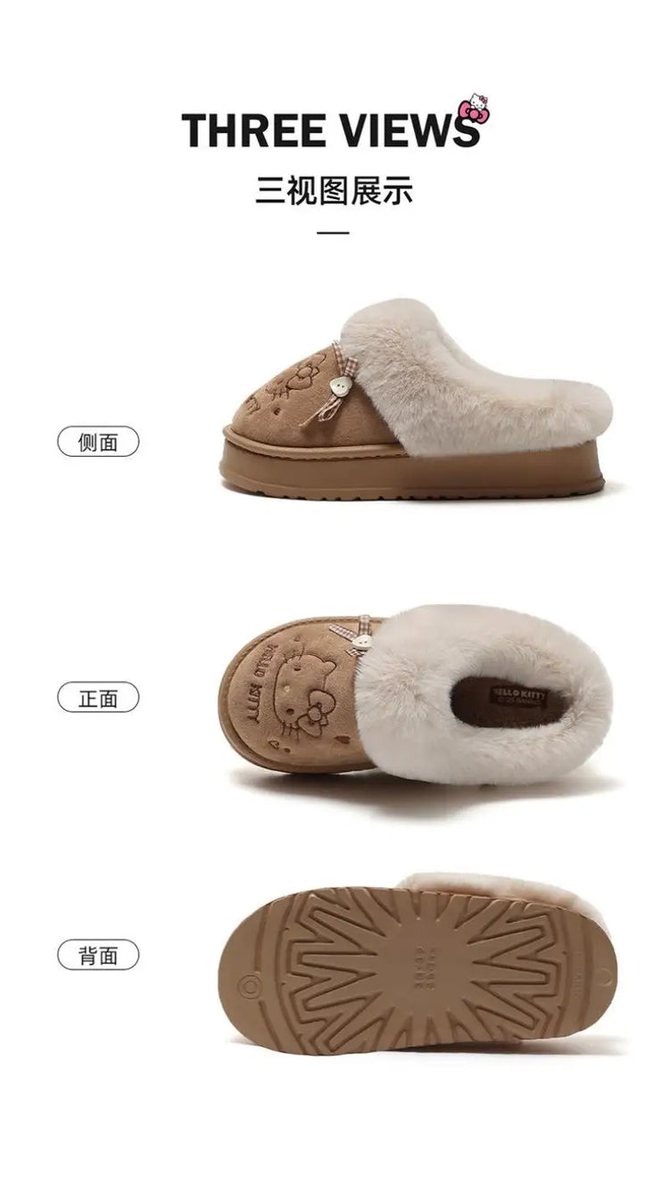 Women's Cute Cartoon Cat Plush Slippers Winter Warm Indoor Non-Slip Bow Embroidered Closed Toe Soft Fluffy House Shoes for Ladie